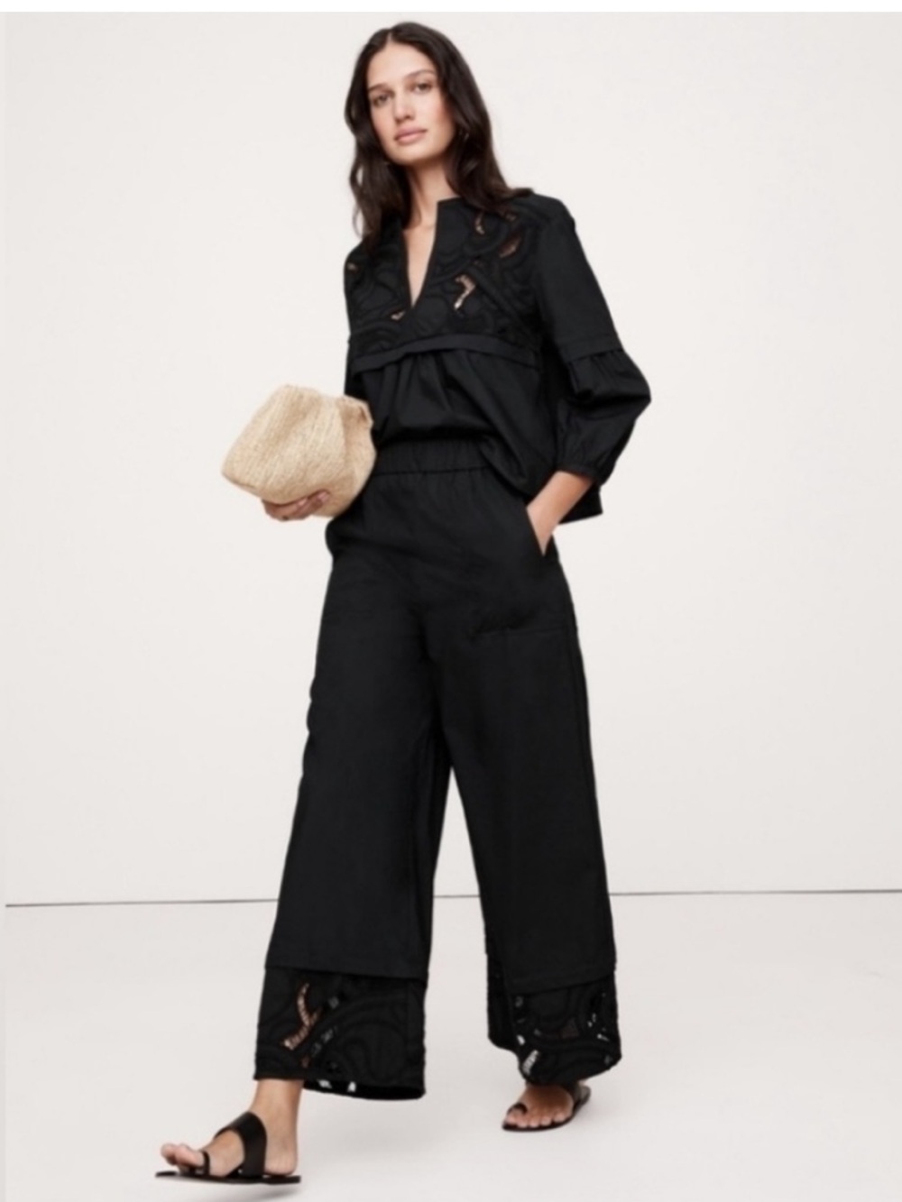 Banana Republic Black Wide-Leg Eyelet Hem Pants